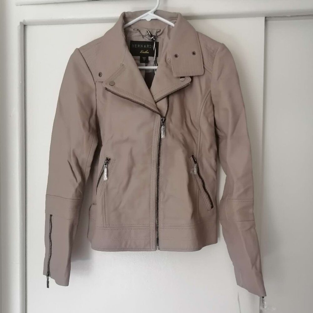Bernardo Women Coat Leather Moto Jacket In Soft Taupe, Size S
